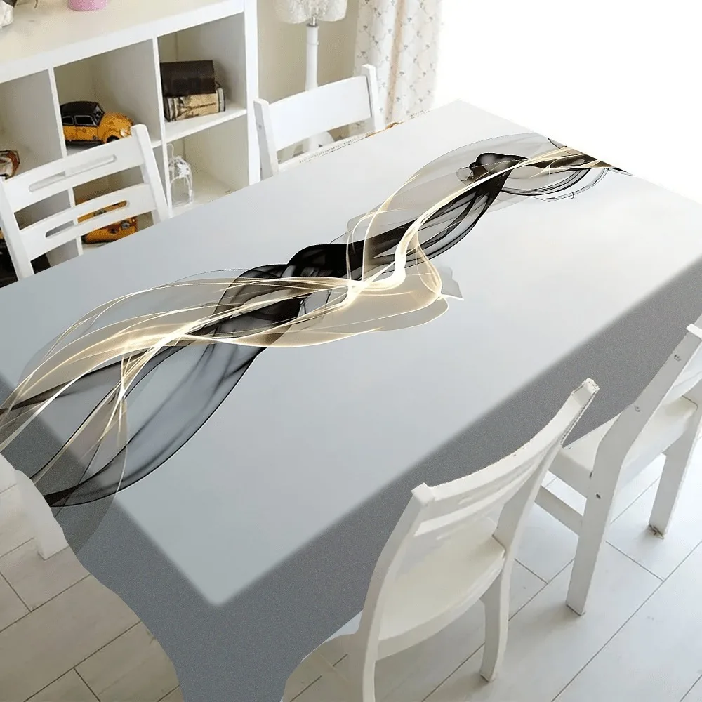 One high-end tablecloth with a grey background and black gold lines in an artistic style, made of polyester fabric.