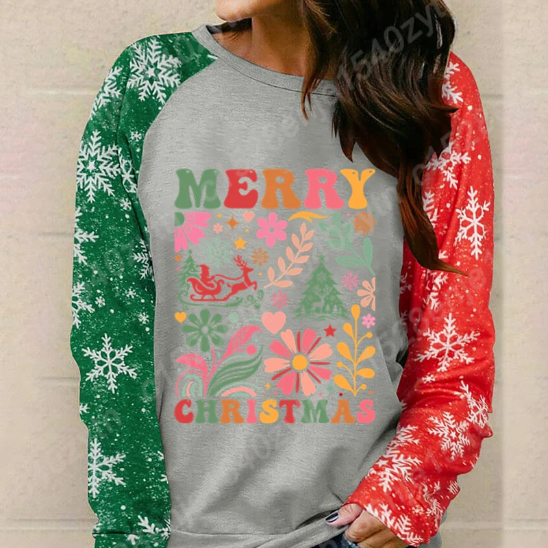 Women Autumn/Winter Pullover Flower Merry Christmas Print Sweatshirt Casual Loose Crew Neck Pullover Fashion Long Sleeve T Shirt