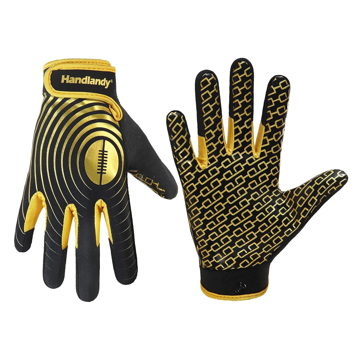 HANDLANDY Youth American Football Gloves, Sticky Wide Receiver Gloves for Kids, Black and Gold Stretch Fit Rugby Gloves