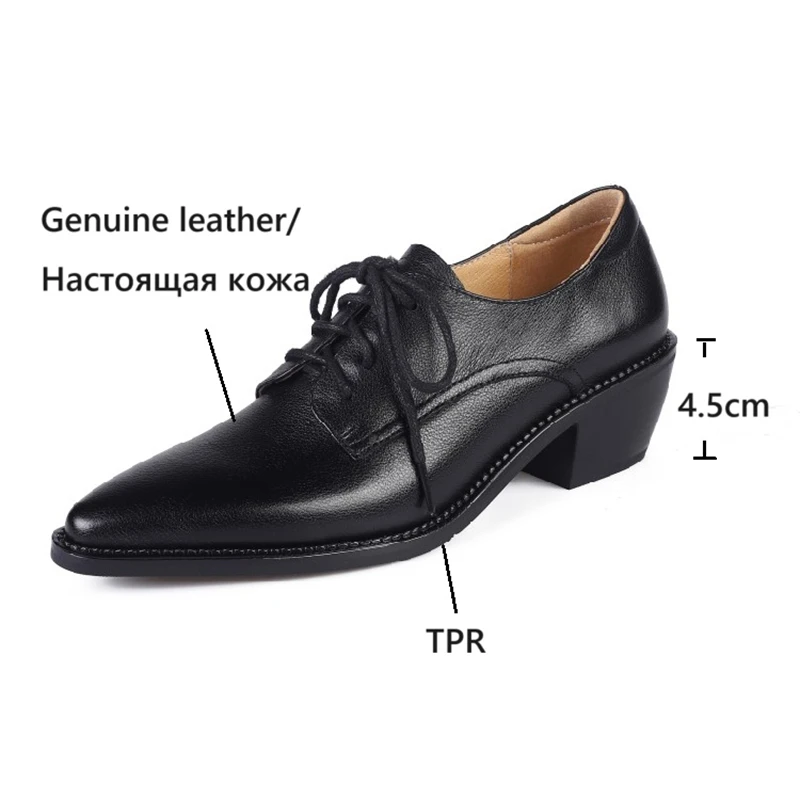 NEW Spring/Autumn Women Pumps Genuine Leather Shoes for Women Pointed Toe Chunky Heel Shoes Casual Black Lace-up Handmade Shoes