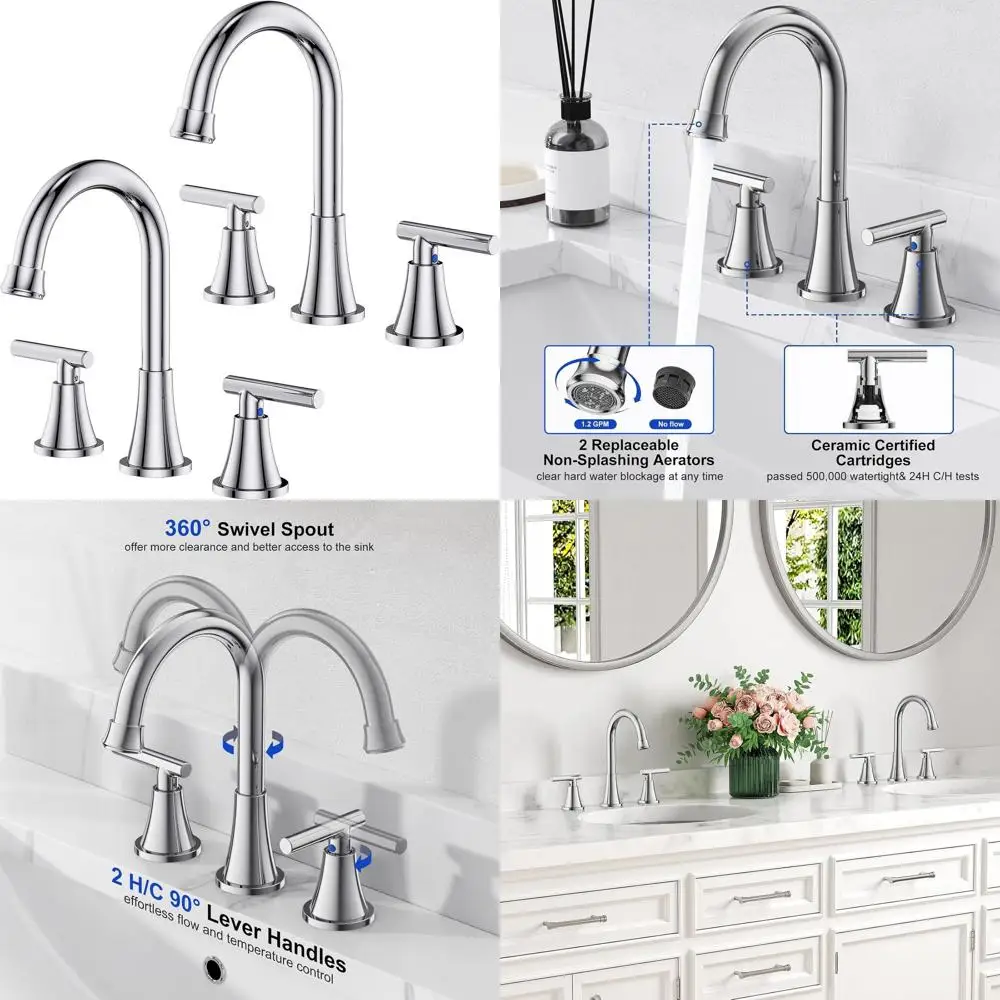 

3-Hole Chrome Bathroom Sink Faucet with Pull-Out Drain and Supply Lines, Lead-Free Stainless Steel Widespread Faucet for Vanity