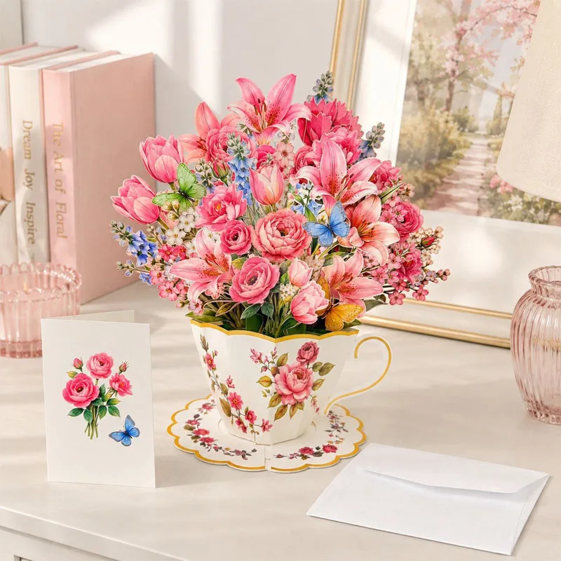 3D Pop Up Teacup Flower Greeting Card Teacup Bouquet Paper Premium Floral Bouquet Tabletop Decor for Any Occasion Gifts