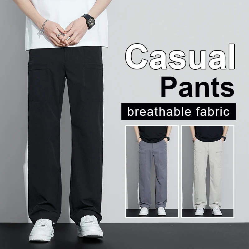 

Men's Outdoor Nylon Multi Pocket Loose Straight Cargo Pants Summer Autumn High End Minimalist Comfortable Casual Trousers