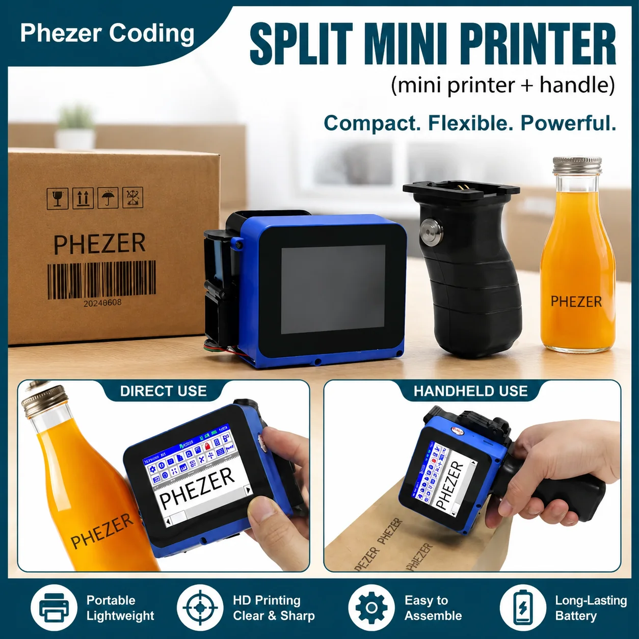 Phezer PC12 Mini Handheld Inkjet Printer 12.7mm Portable Detachable Coding Machine Date Expiry QR Code Barcode Logo Number