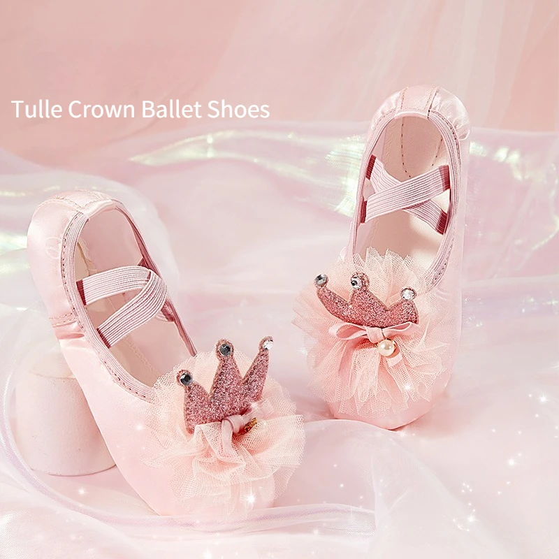 

Ballet Shoes Satin Upper 3D Crown Tulle Ruffle Cotton Lining Non-Slip Split Sole for Daily Practice Performance, Ballerina Shoes