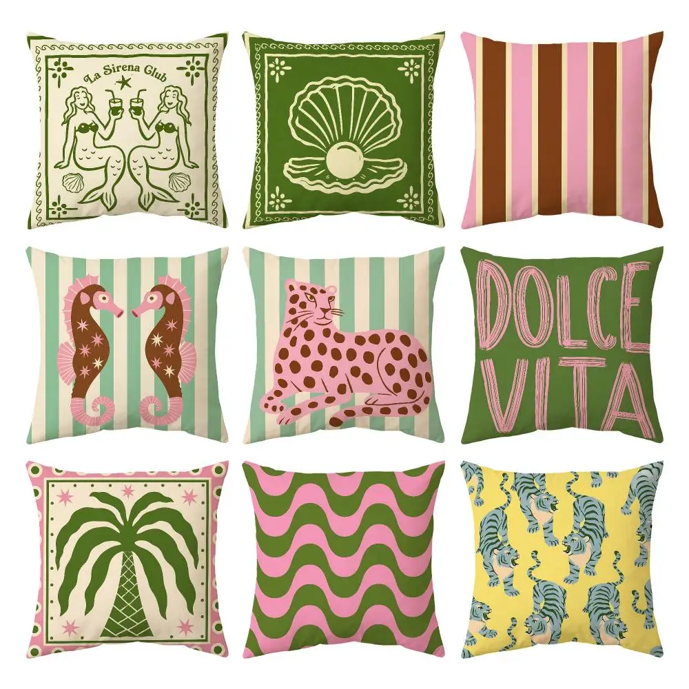 Italian Summer  Mermaid Tiger Cushion Cover Breathable Cool Natural Durable Linen Printed Pillow Case Decor Sofa Bedroom