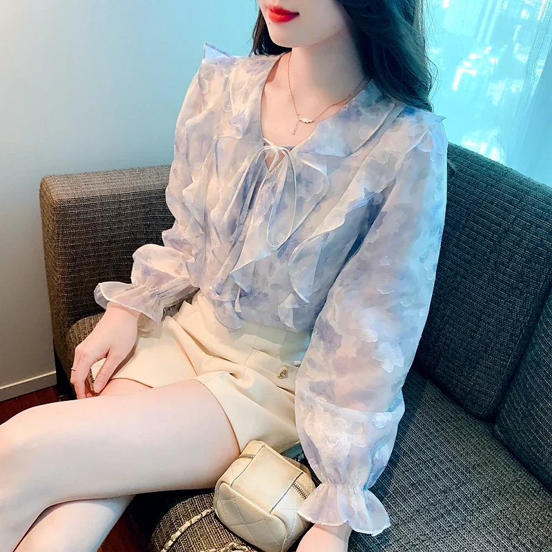 Autumn Women's Long Sleeve V-Neck French Flare Sleeve Printed Ruffle Lace Up Chiffon Shirt Womens Tops Blouse Camisas