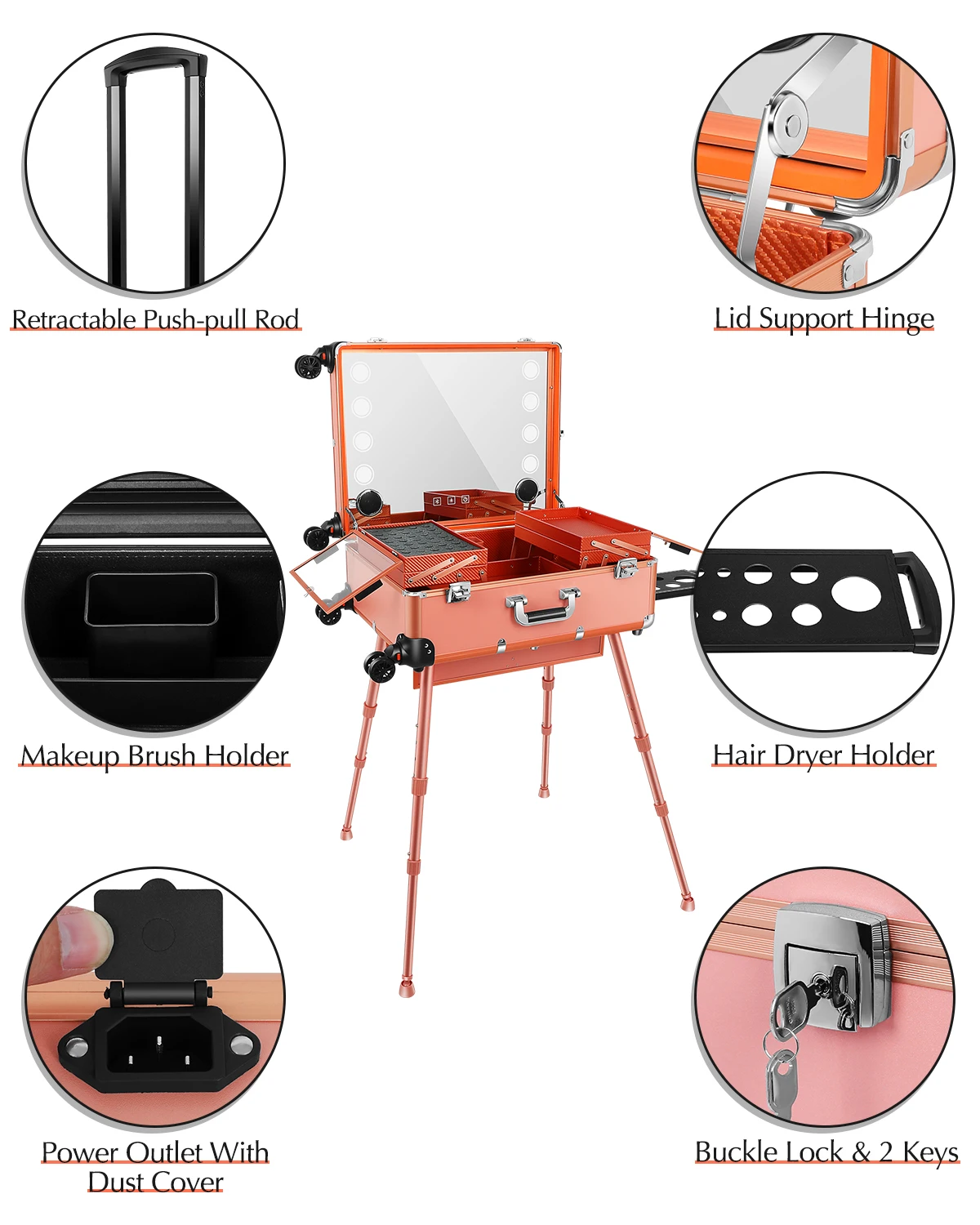 Aluminum Trolley Makeup Train Case with 8 LED Light 24'' Rolling Cosmetic Organizer Studio Speaker Make up Artist Studio Free St