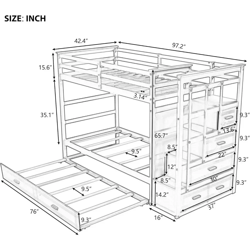 Bunk Bed with Stairs, Twin Size Stairway Bunks Bed with 4 Storage Drawers and Staircase and Guardrail ,Solid Wood Bunk Beds