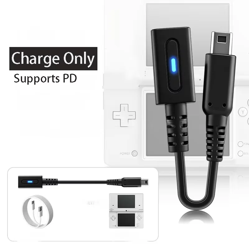 Cable de alimentación USB tipo C a Mini USB de 10 cm para Nintendo 3DS XL/2DS/DSi, adaptador de carga PD con adaptador de cargador de consola de juegos LED