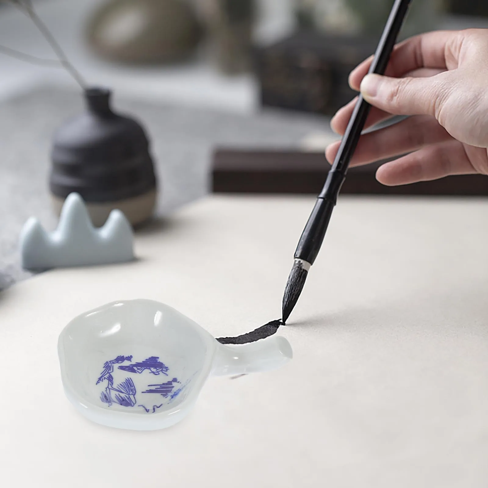 

2Pcs Exquisite Ceramic Calligraphy Ink Plate Large Capacity Water Dish for Paint Brush Washing Desktop Decor Home Office