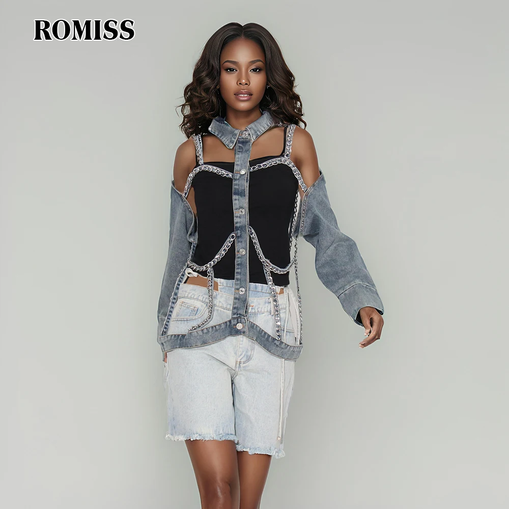 

ROMISS Solid Hollow Out Patchwork Chain Denim Coats For Women Lapel Long Sleeve Spliced Single Breasted Loose Coat Female