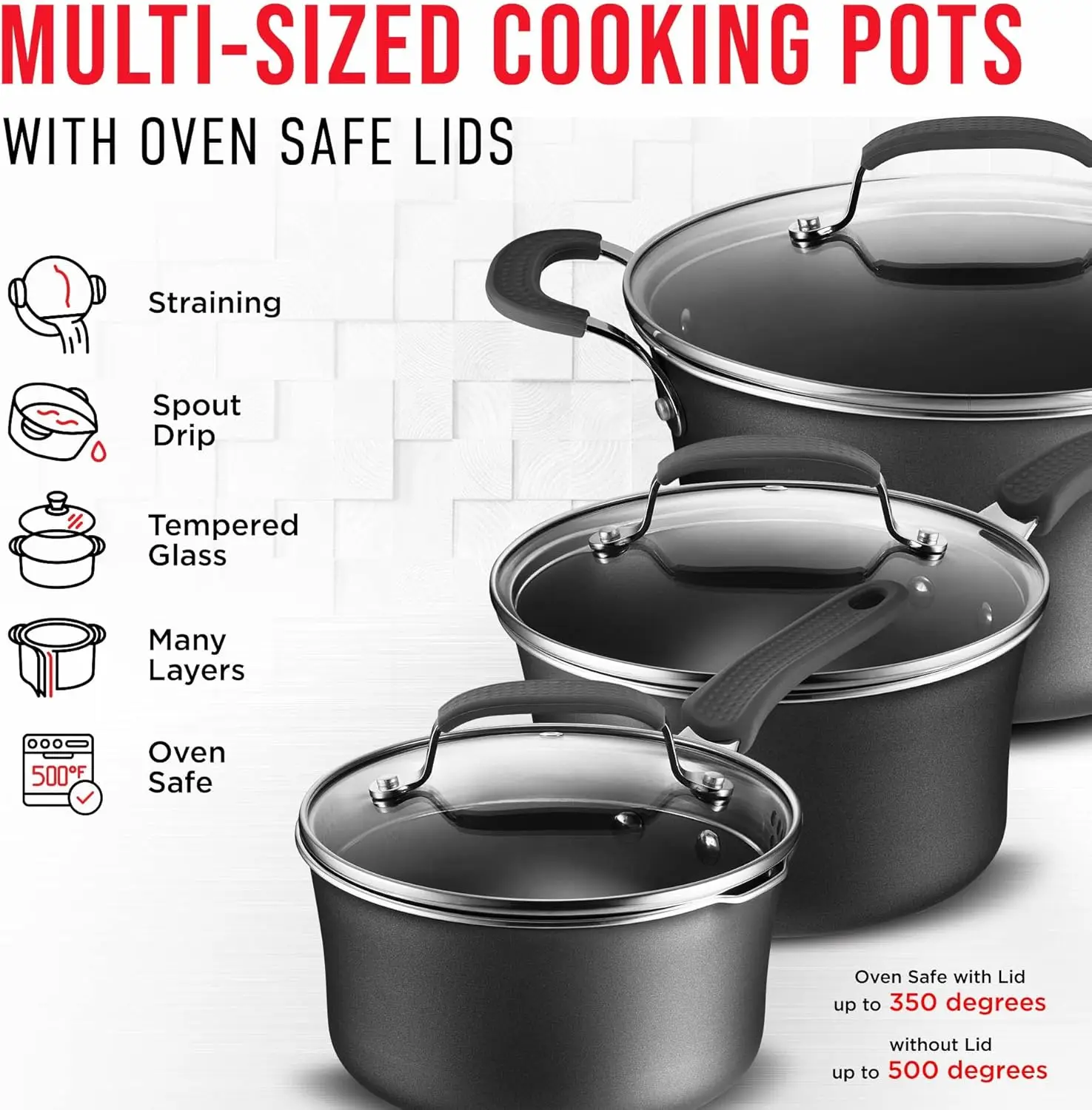 Set – 23 Pezzi – Pentole da cucina multi-dimensione nere con coperchi, padelle e teglie da forno – Metallo in alluminio pressato rinforzato