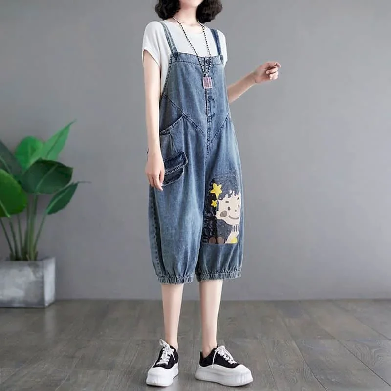 Macacões jeans estilo coreano dos desenhos animados impresso uma peça roupa casual solta roupas de verão para mulheres cintura alta jeans cortados