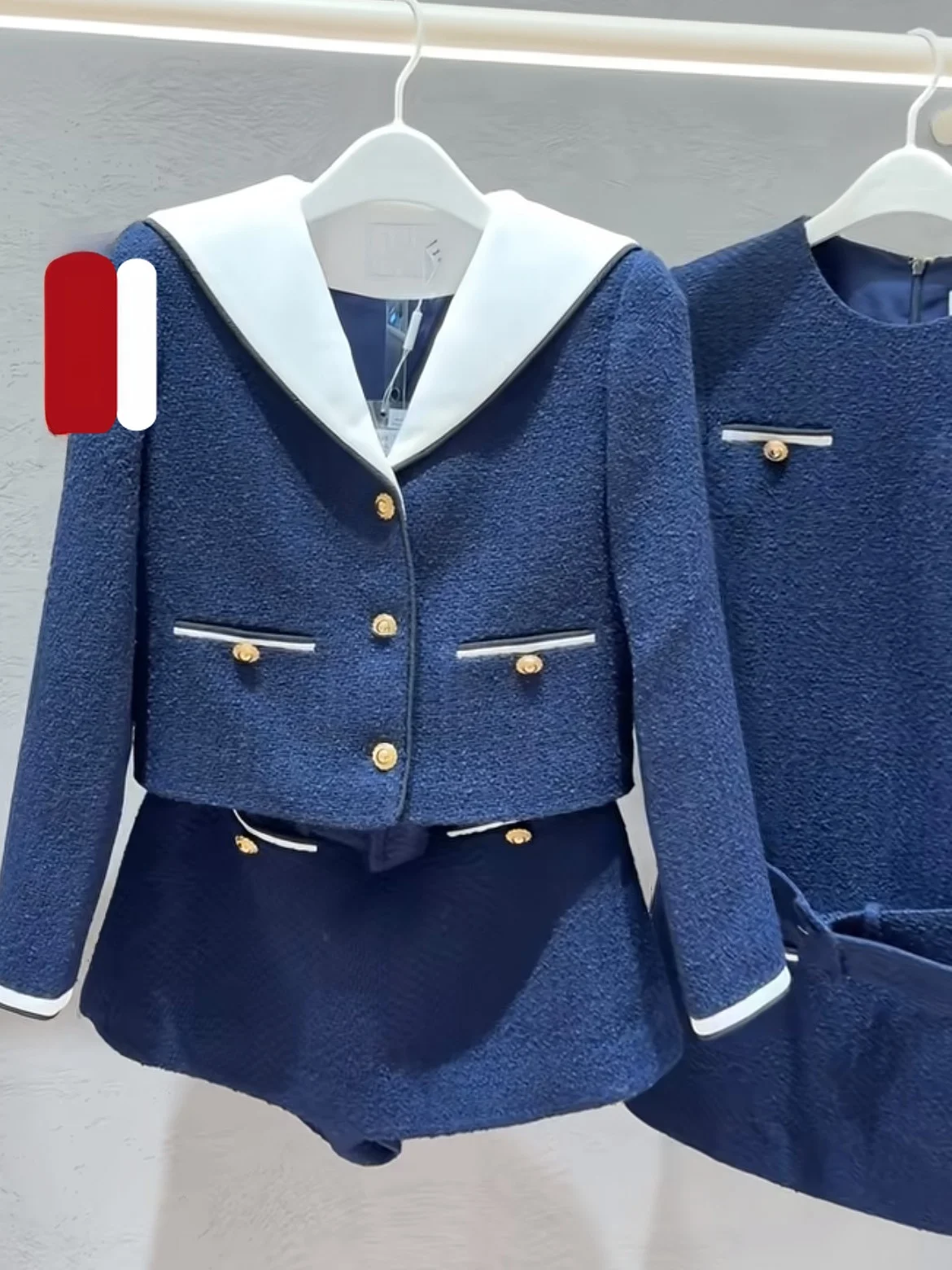 

Deep Blue Woolen Coat And Half Skirt Set Autumn Winter Commute Style Fashionable Women's Two-Piece Suit Small Fragrance Style
