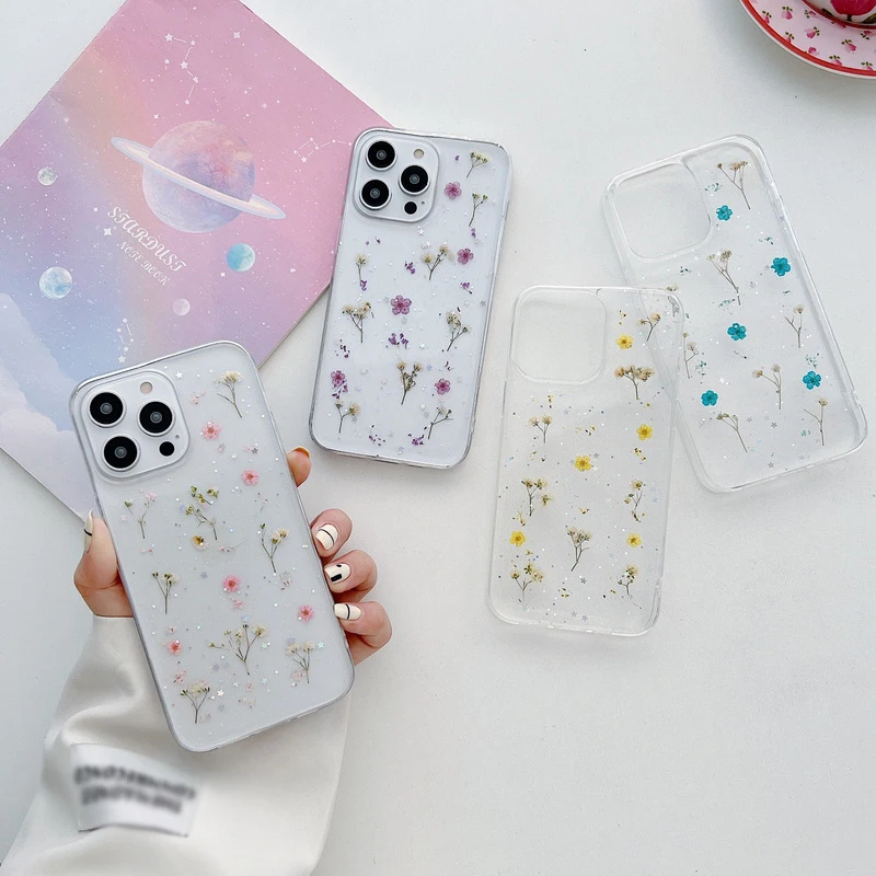 Glitter Cute Real Dry Flower Clear Phone Case For iPhone 16 15 14 13 12 11 Pro Max XS XR 8 7 Shockproof Soft Epoxy Cover Shell