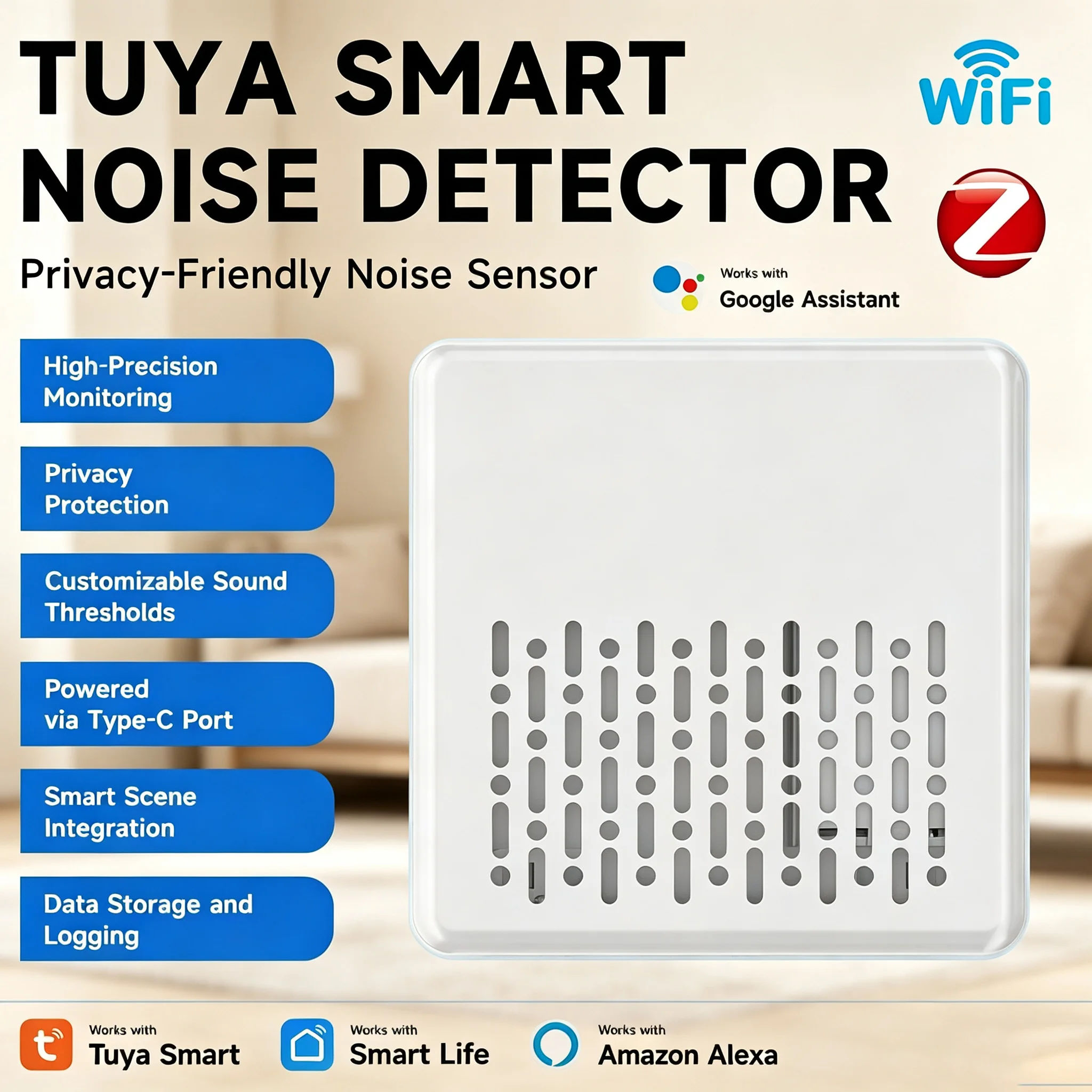 Tuya Smart Noise Detector WiFi & Zigbee Noise Sensor Privacy‑Friendly Sound Level Monitor Support Data Recording Smart Scene
