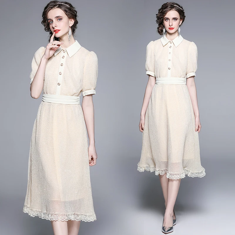 

Flip collar short sleeved waist slimming pearl piece mid length dress YYX923078