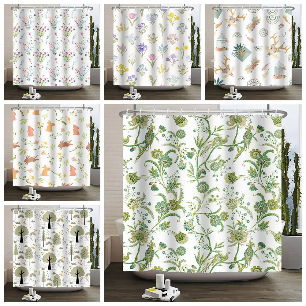 

Красочные цветы, зеленые растения, занавеска для душа, птица, кролик, дерево, занавески для ванной комнаты, современные красивые аксессуары для ванной комнаты с крючками