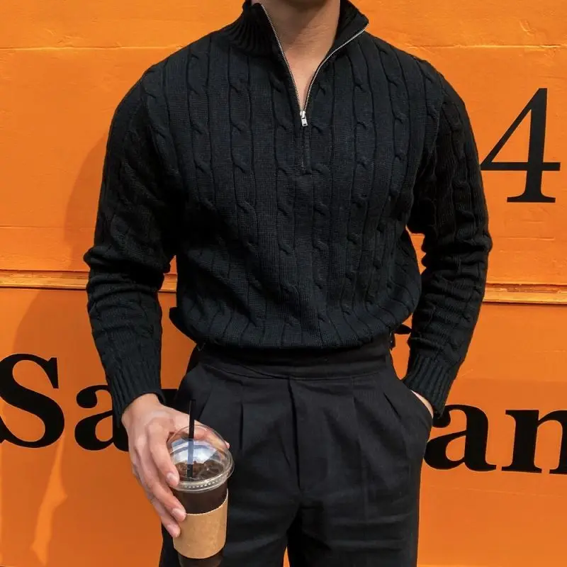 

Мужской вязаный свитер с высоким воротником на молнии, легкий пуловер стандартного кроя с кисточками, свитер с высоким воротником