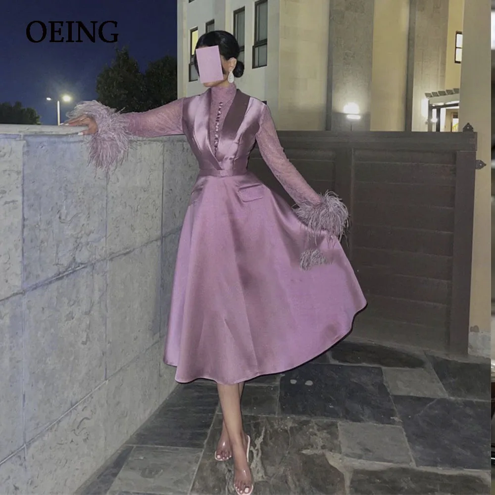 Gaun malam leher V warna Lavender gaun Prom lengan bulu gaun pesta panjang teh gaun acara Formal