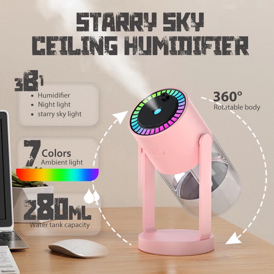1PC USB Powered Mini Air Humidifier with Star Projector & Night Light, 2 Mist Modes, Quiet Portable Humidifier for Home, Car