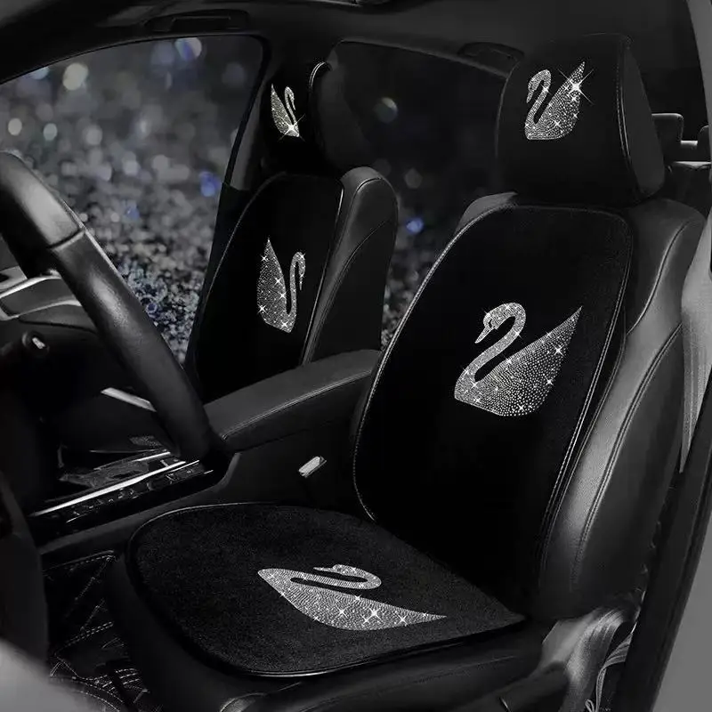 Women Rhinestone Car Accessories Set, Universal Polyester Diamond‑encrusted Car Seat Covers, Swan Pattern Cushion, Lumbar Suppor