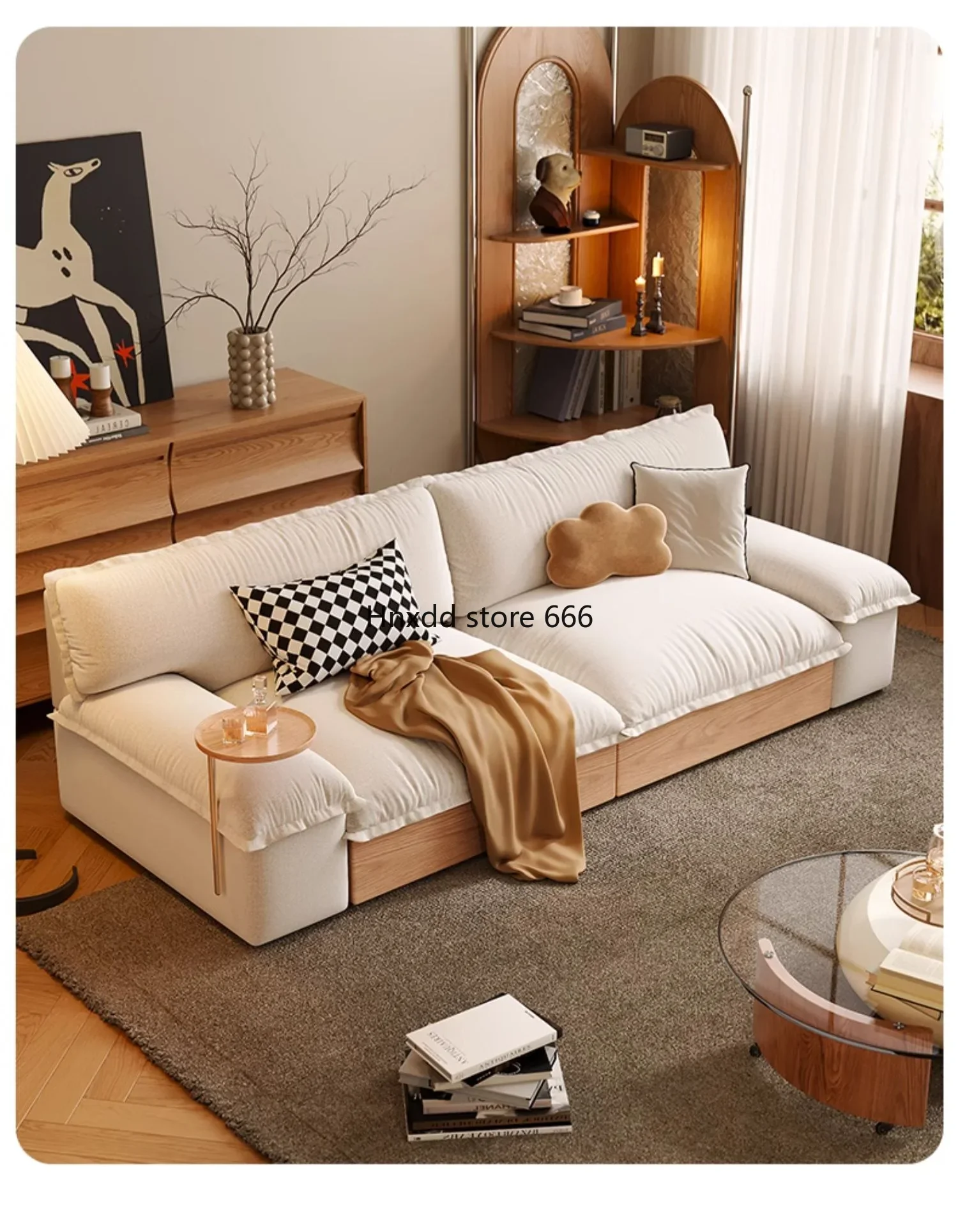 Cream wind small apartment living room high box storage cotton and linen fabric sofa with concubine seat