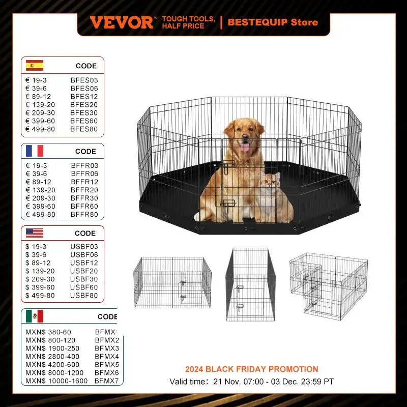 VEVOR Dog Playpen 8 Panels Foldable Metal Dog Exercise Pen Pet Fence with Bottom Pad Cover for Puppy Outdoor Camping Yard Kennel