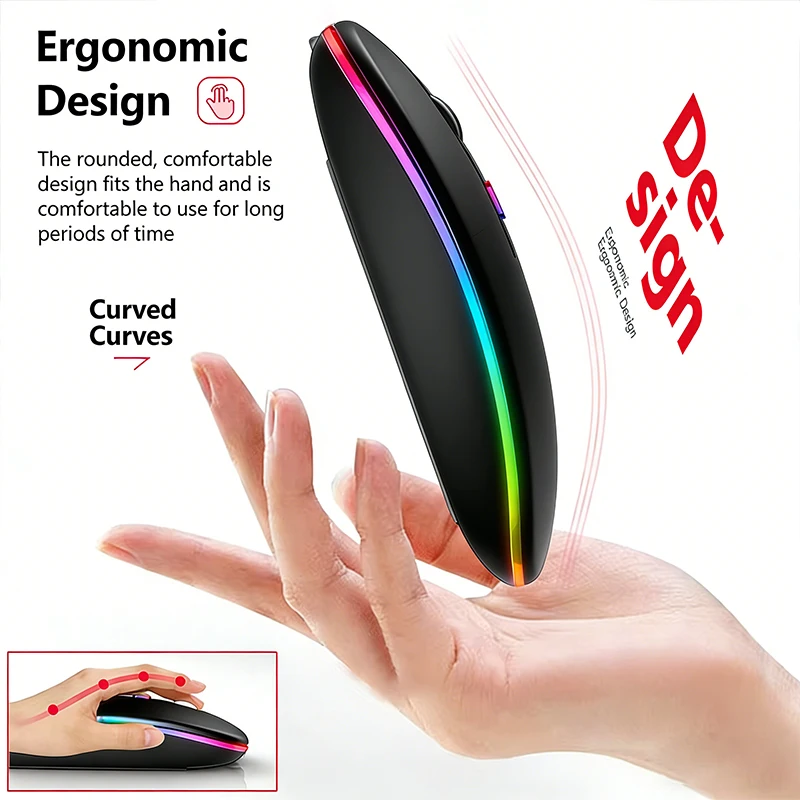 Mouse Sem Fio RGB Recarregável Bluetooth, Mouse Ergonômico para Jogos com LED Retroiluminado para Laptop