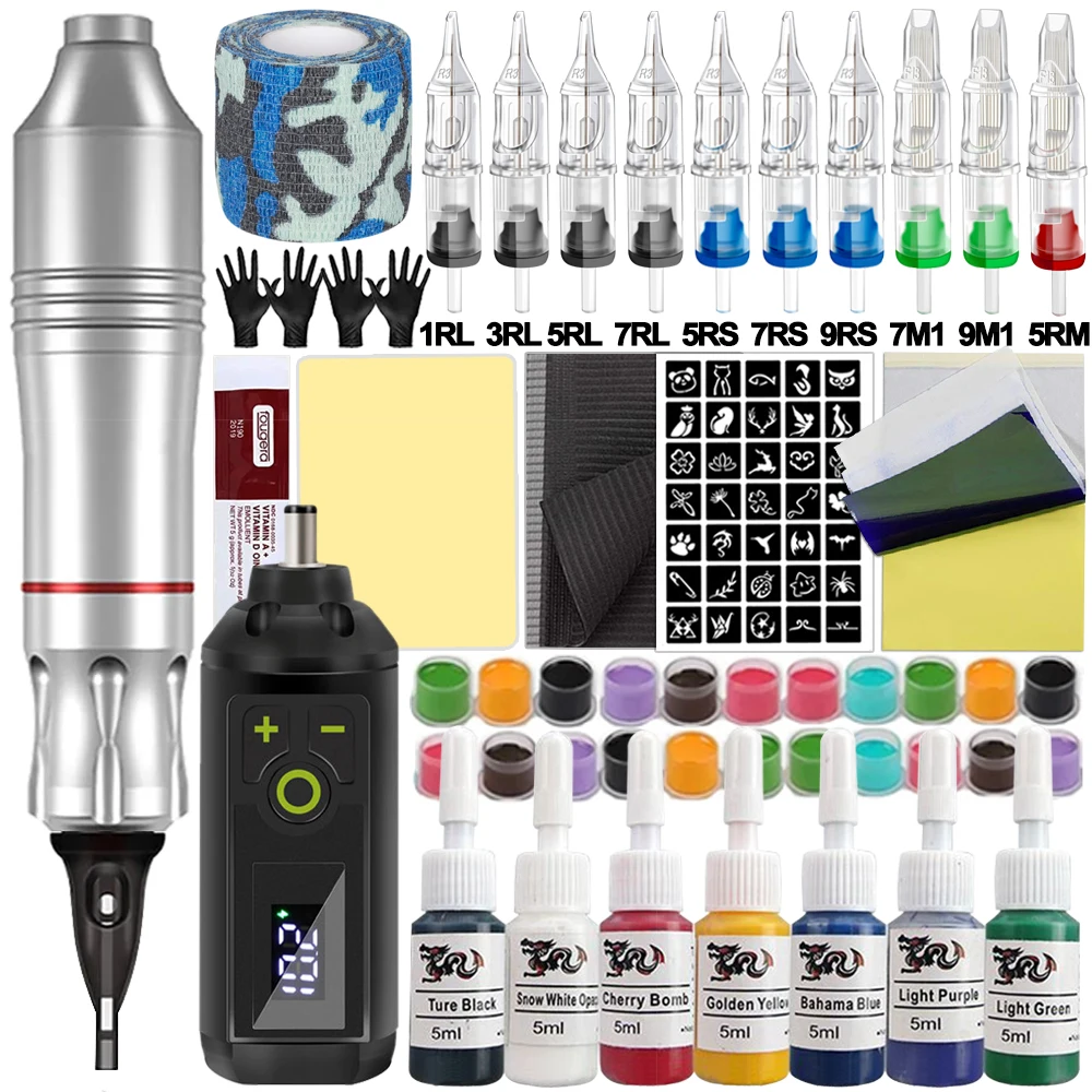 Tattoo Machine Kit Tattoo Pen Machine Set met draadloze voeding Tattoo Cartridge Naalden Inkten voor Tattoo Beginner