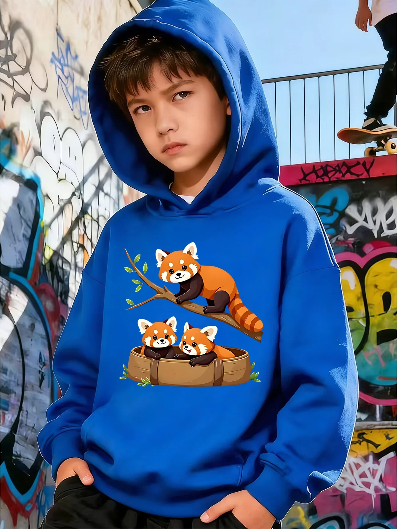 Kids Boys Girls Red Panda Graphic Hoodie Black Printed Cute Animal Sweatshirt School Clothes Birthday Present Autumn