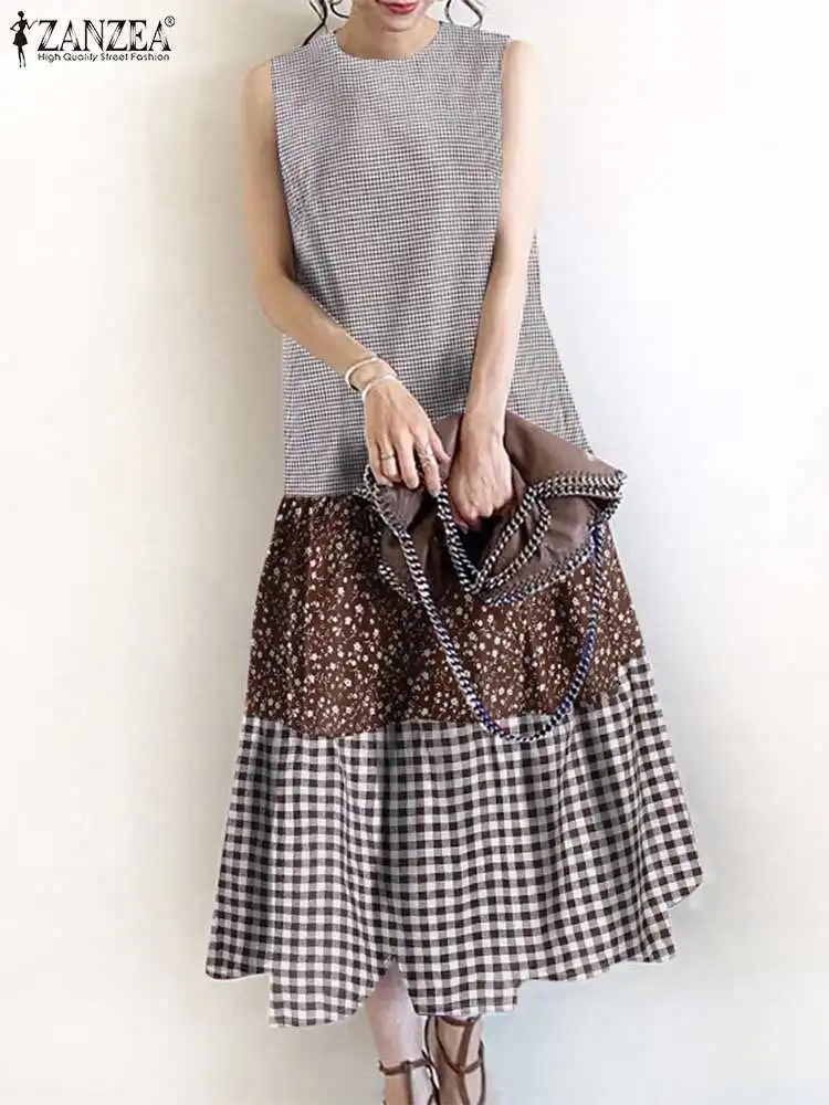 ZANZEA Frauen Floral Print Patchwork Midi Kleid Mode Ärmellose Plaid Rüschen Saum Vestidos Urlaub Casual O Neck Tank Kleider