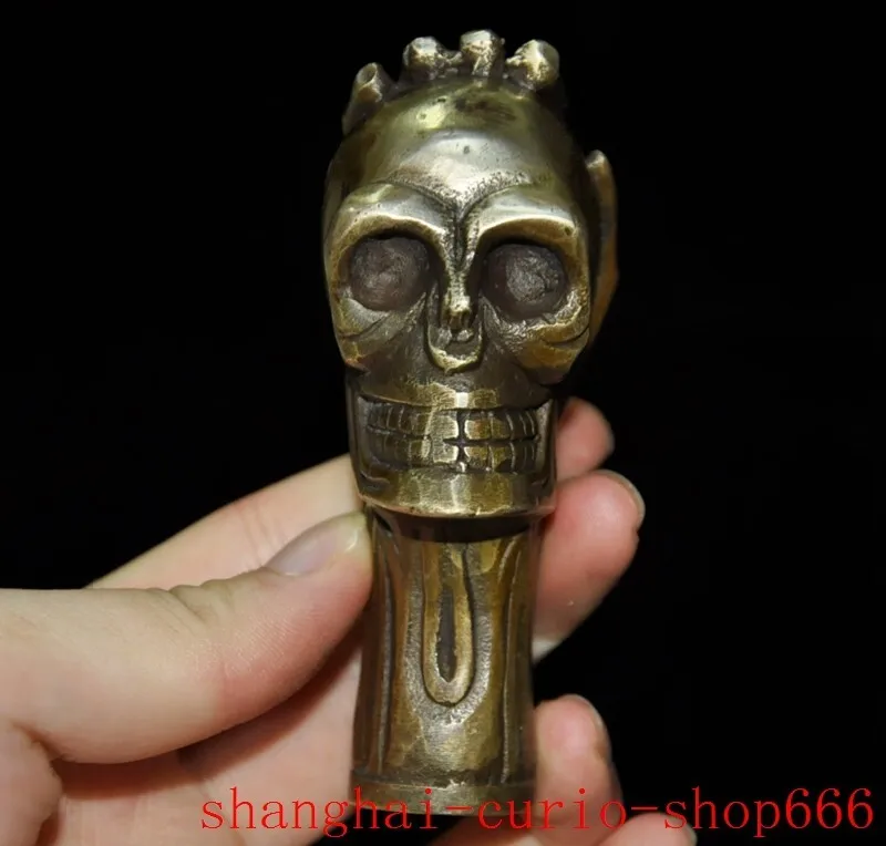 

3.6-Inch Ancient Chinese Buddhist Bronze Devil Skull Exorcism Cane Tip Statue -Natural materials