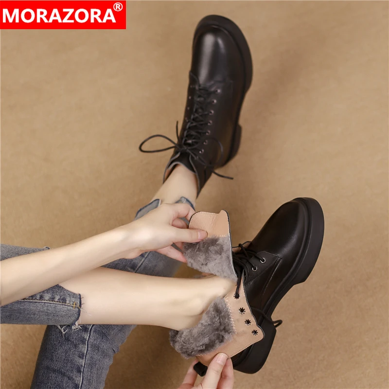 

MORAZORA 2024 New Genuine Leather Short Boots Women Shoes Lace Up Zipper Black Solid Color Nature Wool Warm Winter Snow Boots