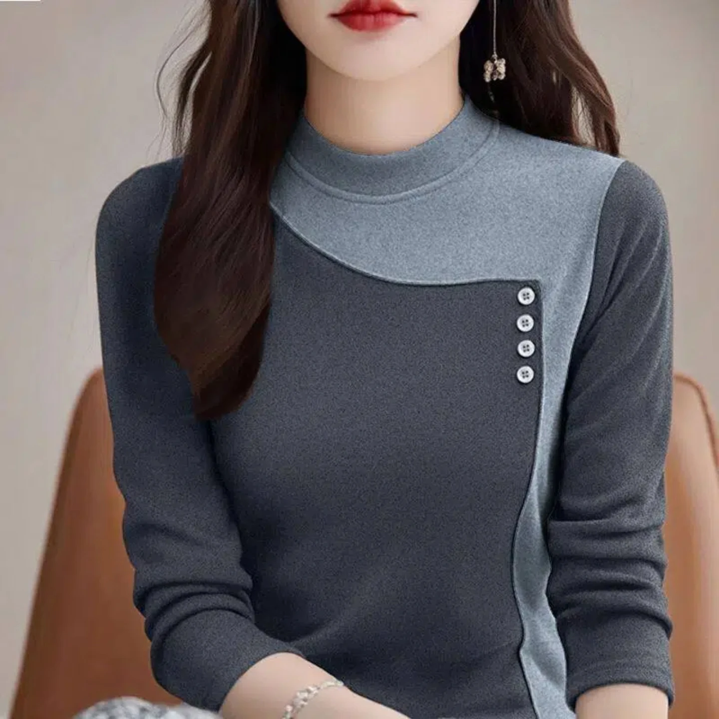 Fashionable Double-Sided Velvet Long Sleeve Half-High Collar Contrast Color Trendy Base Shirt Outerwear T-Shirt Elegant Top