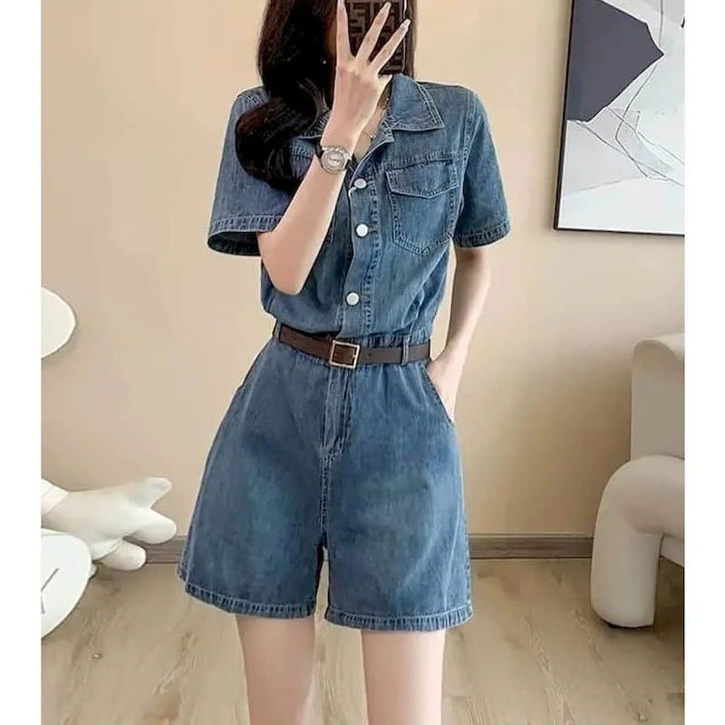 

Denim Jumpsuits for Women Waisted Casual Short Sleeve Playsuits Vintage Loose Wide Leg Shorts One Piece Outfits Women Clothing