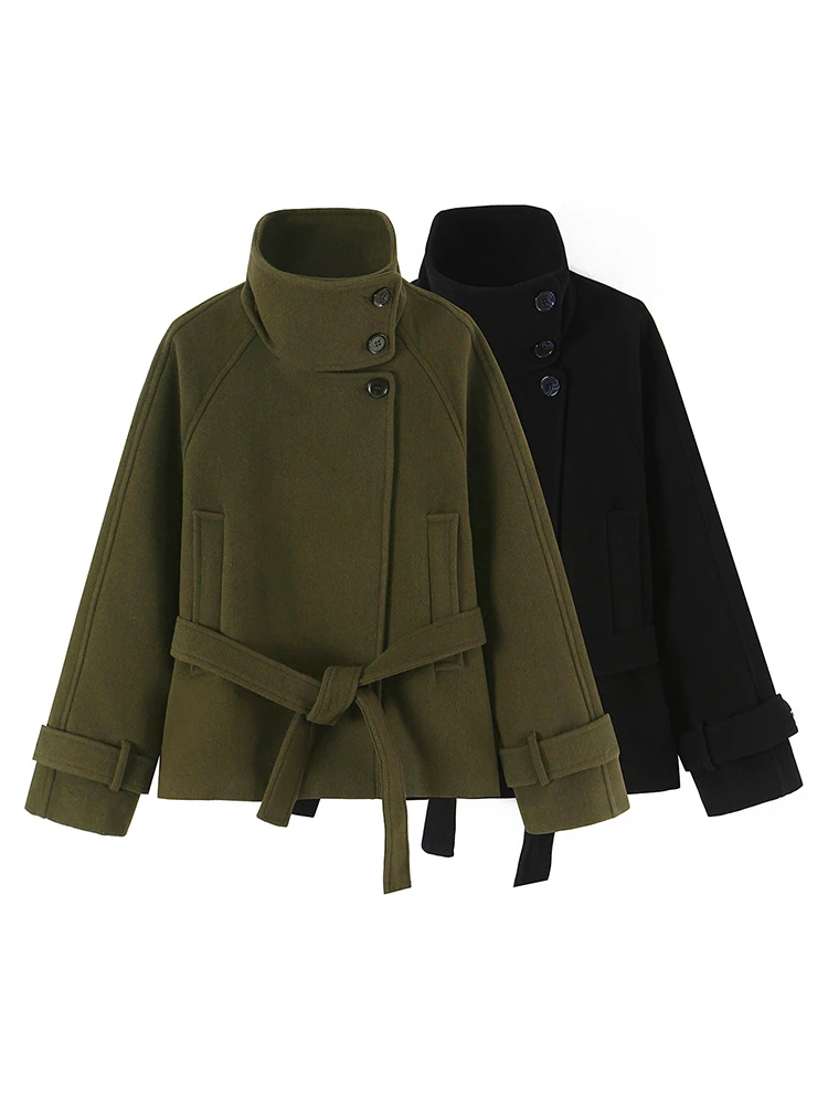 Women Short Coat Stand Collar Long Sleeve Belted Waist Loose Commute Warm High Collar Outerwear Elegant Office Lady Chic Jacket