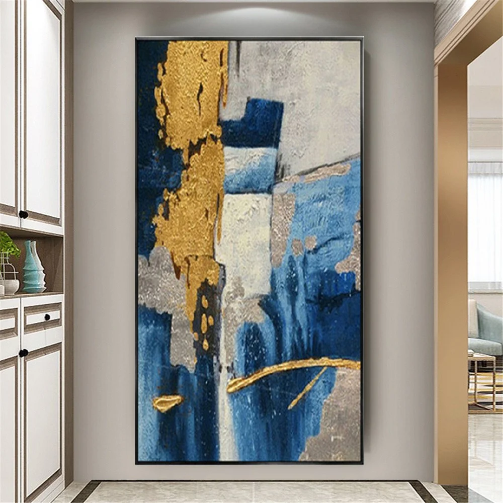 

Original Abstract Gold Block Blue Texture Canvas Poster Handmade Oil Painting Luxury Wall Art Navy Picture Decor Living Room