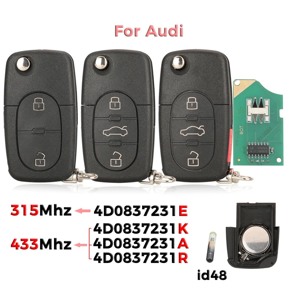 Jingyuqin 315MHz/433Mhz 4D0 837 231 E/ K/ A/ R For Audi A3 A4 A6 A8 TT RS4 Quattro Old Models id48 Chip Folding Car Remote Key