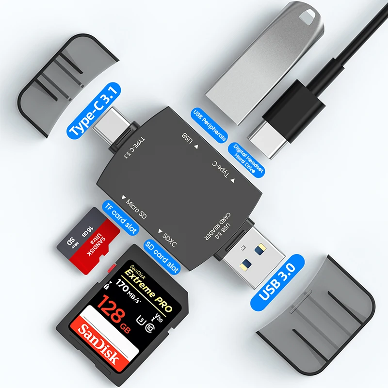 قارئ بطاقات مايكرو Sd من Olaf 6 في 1 OTG من النوع C 3.1 إلى محول Usb 3.0 TF قارئ بطاقات ذاكرة فلاش USB للهاتف والكمبيوتر