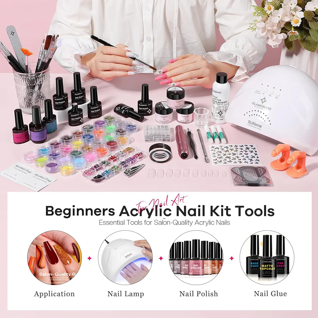 초보자를 위한 아크릴 네일 키트 젤 폴리쉬 세트, 여성용 매니큐어 도구 및 48W 네일 램프 포함