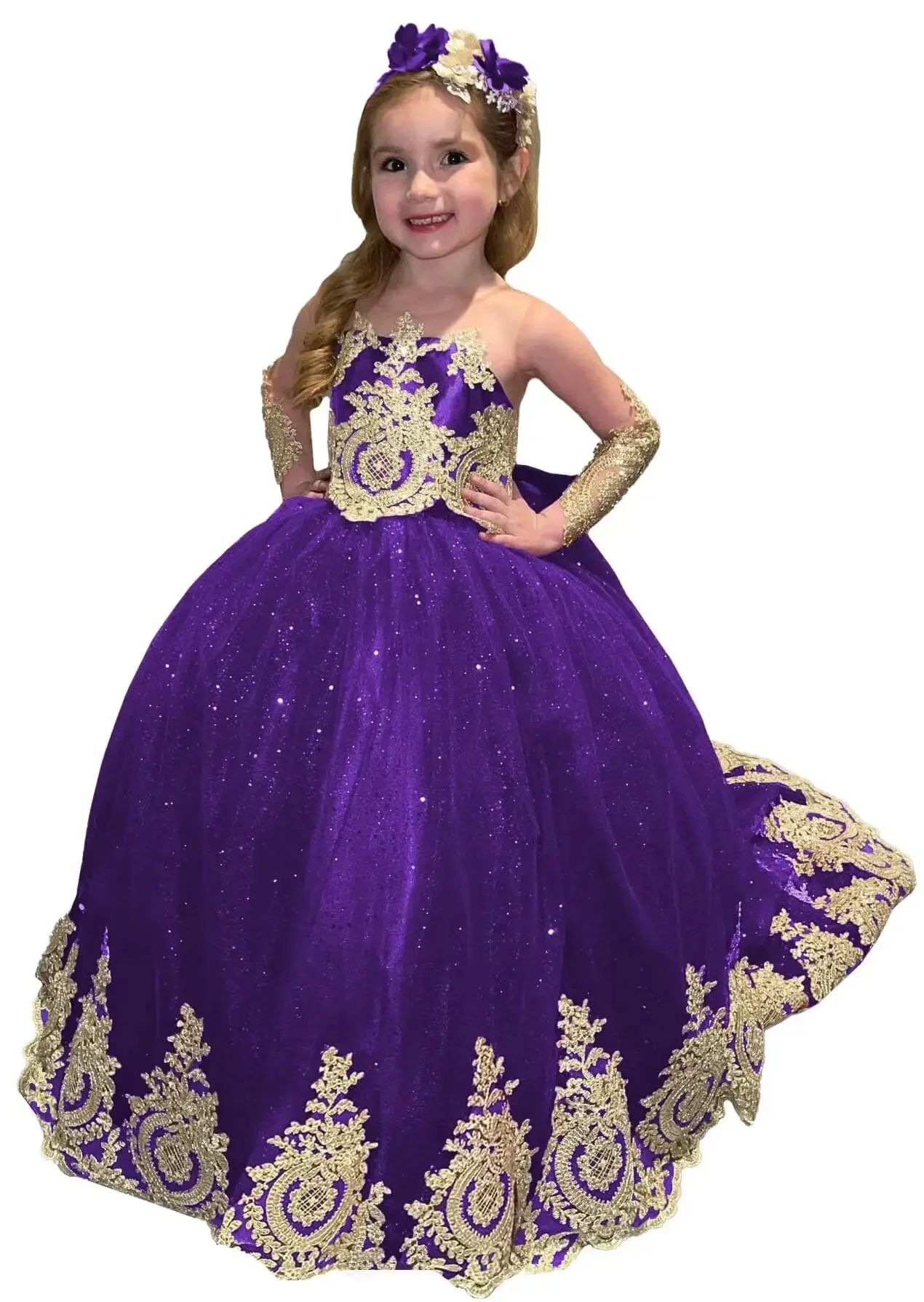 Princesa elegante vestido da menina de flor para o casamento tule inchado renda ouro apliques crianças festa aniversário primeira comunhão vestidos baile