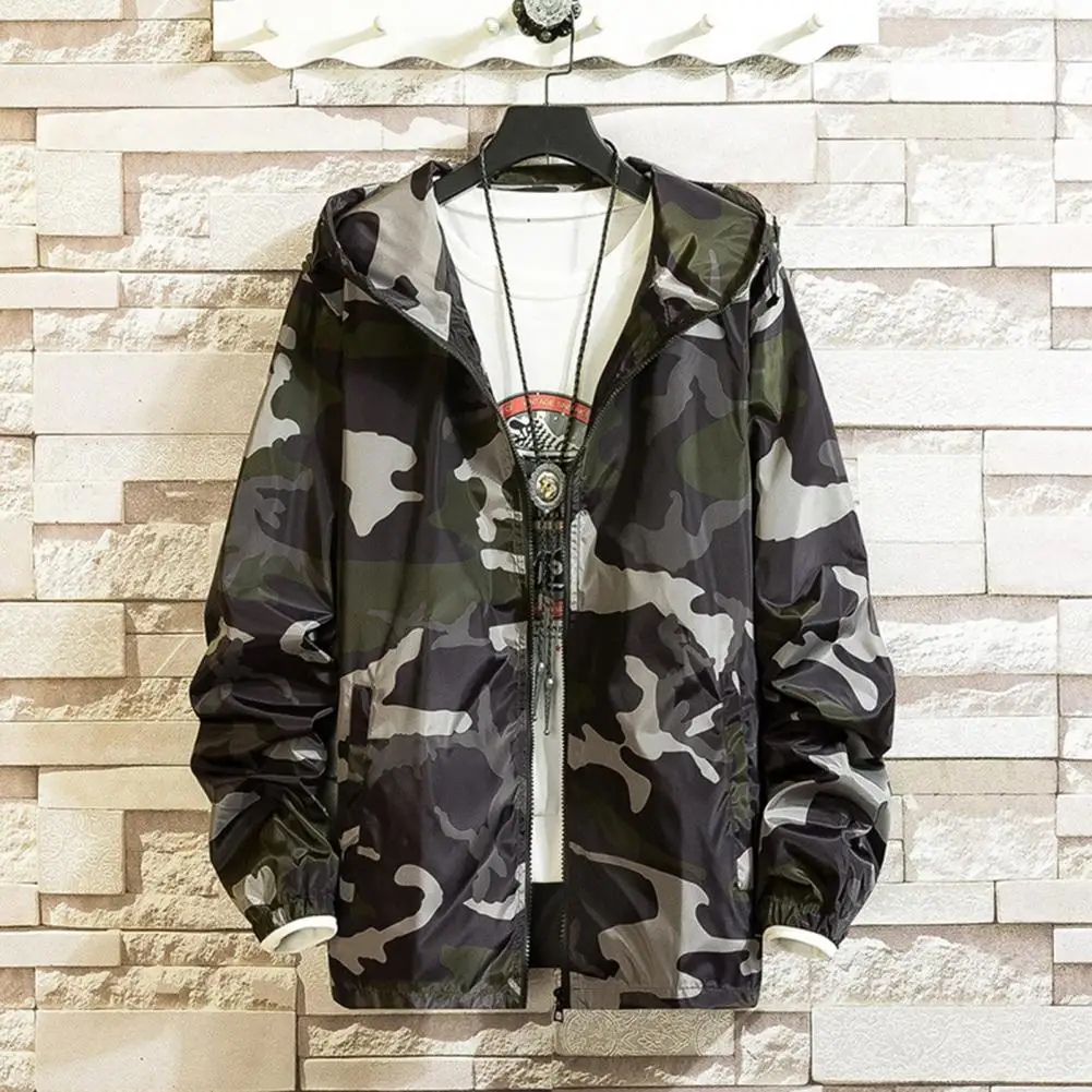 

Men Hooded Outerwear Streetwear Men's Camouflage Print Hooded Jacket with Zipper Placket Pockets Korean Style Hip Hop for Spring