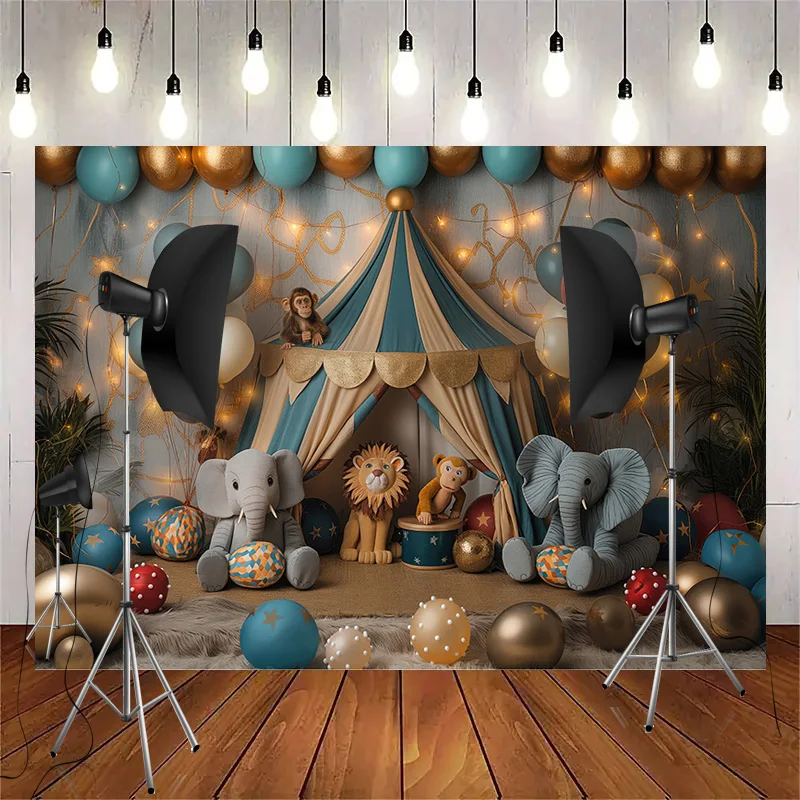 SHENGYONGBAO Circus Tent With Striped Canopy Popcorn Photography Backdrops Balloons Birthday Party Decor Animal Background SD-05