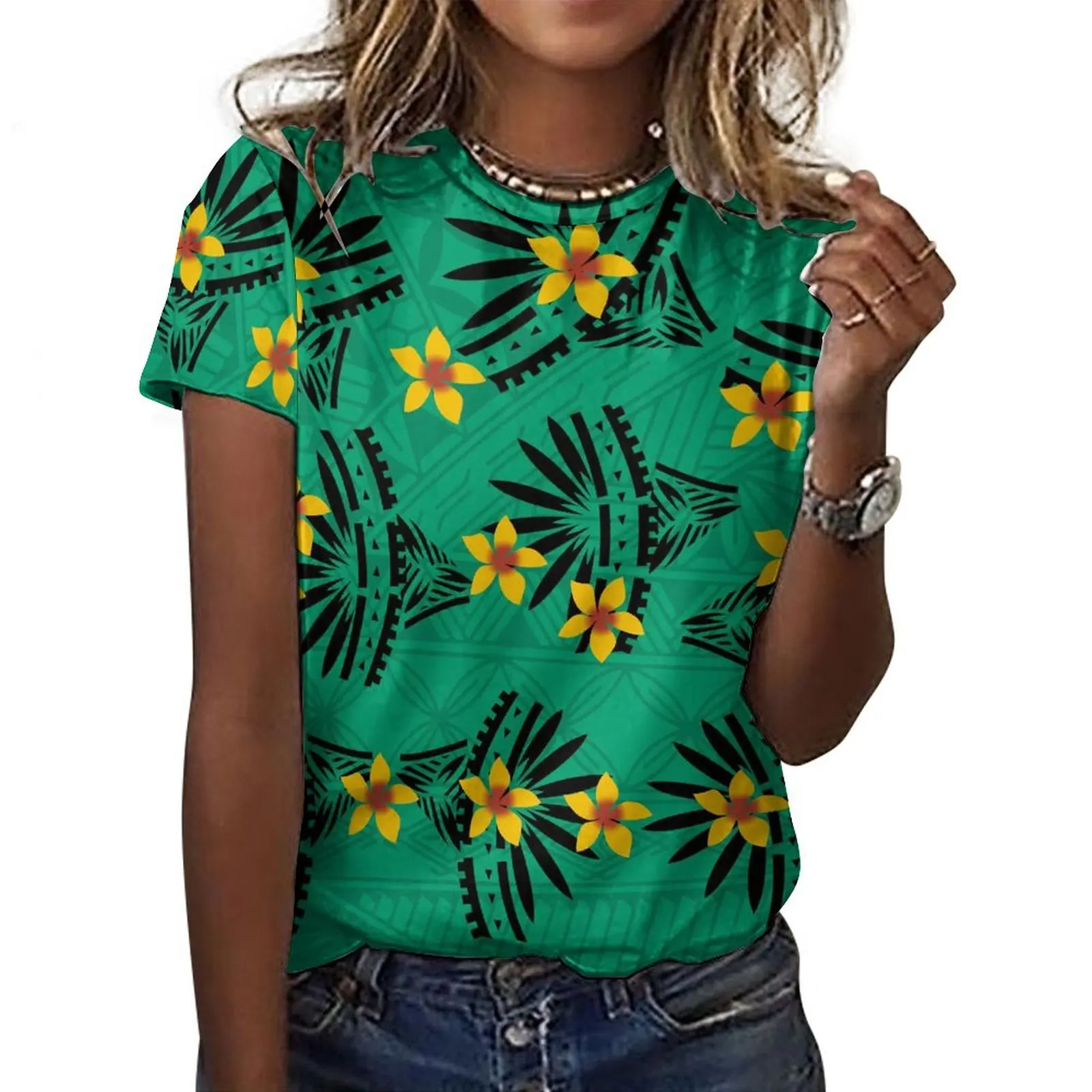 Large-Sized O-Neck Women'S T-Shirt Fashionable Women'S Shirt Polynesian Custom-Print Pure cotton Elegant Short Sleeves