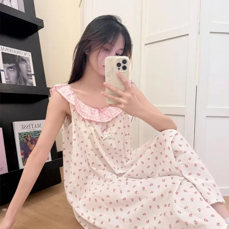 

Sanrio Women's Night Skirt Hello Kitty Night Dress Flowers Sweet Girl Summer Floral No Sleeve Dress Cartoon Home Clothes Gift