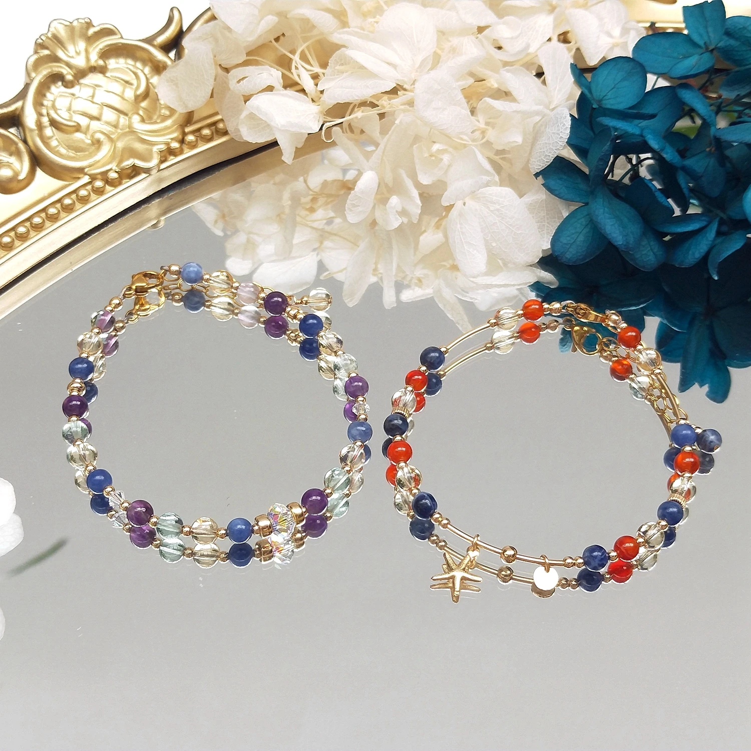 Lii Ji Natural Sodalite Amethyst Citrine Fluorite Carnelian 4mm 17+3cm 14K Gold Filled Charms Bracelet Handmade Fashion Jewelry