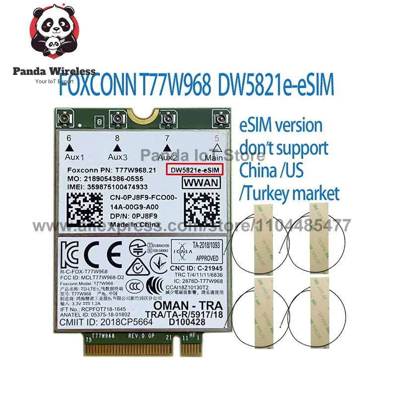 Foxconn T77W968 DW5821e DW5821e-eSIM X20 LTE Cat16 1Gbps FDD-LTE TDD-LTE 4G Module for Dell 5420 5424 7424 7400 Laptop