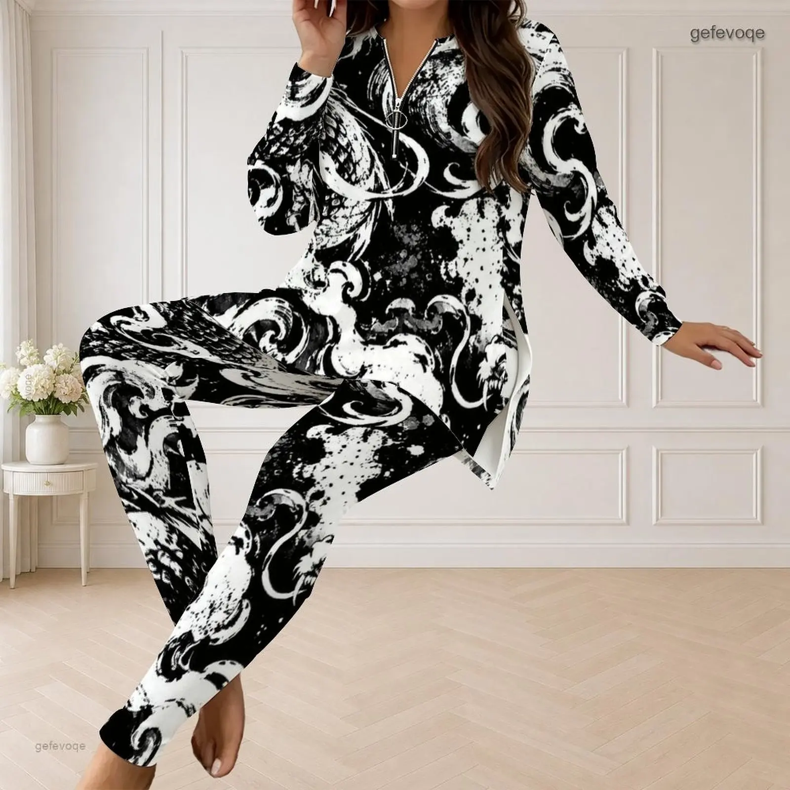 Fall Graphic Print Plus Size Sets Women V Neck Swirl Art Plus Size Clothes Womens Clothing For Loungewear Casual Daily